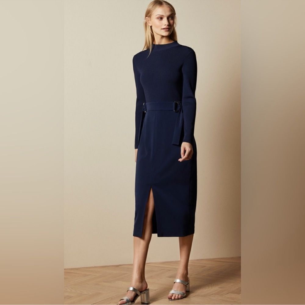 Ted Baker 5/14 Ellhad Navy Mock Neck Knit Combo Long Sl D-Belted Back Zip Dress